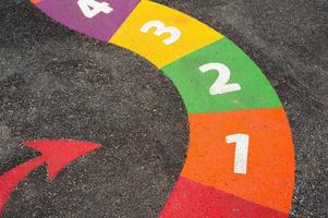 serpientes tablero juego con número en patio de recreo piso, brillante de colores pintar con número uno dos tres CUATRO con rojo flecha en pavimento ,al aire libre actividad para niños, aprendan y jugar para jardín de infancia colegio foto