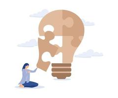 Problem solver, smart businessman solving lightbulb idea puzzle by connecting last jigsaw piece, modern flat vector illustration.