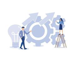 Process improvement,development to increase performance concept, businessman put gear into system,modern flat vector illustration