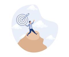 Business target,precision or accuracy concept, success businessman holding big target with arrow hit bullseye center. modern flat vector illustration