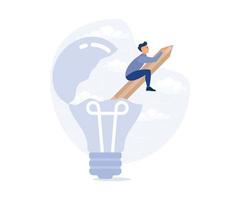 Creativity to create new idea, man riding pencil rocket from opening lightbulb.modern flat vector illustration