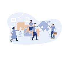 Employee engagement,  increase value and workplace motivation concept,employees help complete jigsaw ,modern flat vector illustration