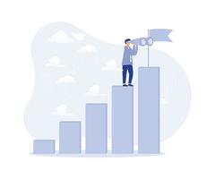 Vision to see next goal,challenge to be better and achieve success concept, confidence businessman step on rise up graph look for next goal.modern flat vector illustration