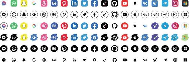 Social Media logo Icon Collection. Facebook, Instagram, Facebook Messenger, WhatsApp, Snapchat, Behance, Google, Yahoo, Microsoft, Apple, Vk, Twitter, Youtube, Pinterest, TikTok. Editorial Vector. vector