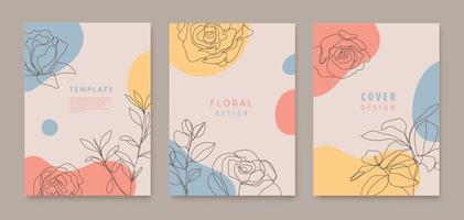 Vector set of continuous line flowers, leaves covers, banners, posters, cards, social media stories, flyers design templates. Trendy design with waves, pastel colors