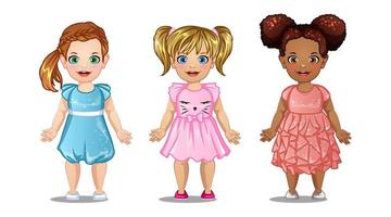 Toddler Girls Cute Cartoon Characters Wearing Party Dresses. Vector Illustration