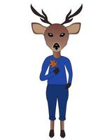 Funny deer in a suit and with a leaf in his hands vector illustration for children