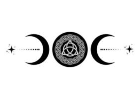 triple Luna religioso wiccan signo. wicca triquetra logo neopaganismo símbolo, céltico nudo triple diosa icono tatuaje, diosa de el luna, creciente, medio, lleno Luna vector aislado en blanco antecedentes