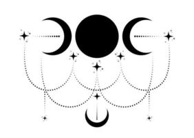 triple Luna religioso wiccan signo. wicca logo neopaganismo símbolo, céltico boho estilo, diosa icono tatuaje, diosa de el luna, creciente, medio, lleno Luna vector aislado en blanco antecedentes