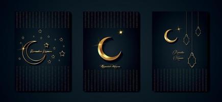 Ramadan Kareem 2023 vector set greeting card. Gold half moon on black background. Golden holiday poster with text, islamic symbol. Concept Muslim religion banner, flyer, party invitation, sale shop