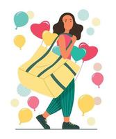 Young Woman Carrying Bag of Heart Shaped Balloons for Valentine's Day Concept Illustration vector