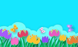 Spring paper cut art, colorful nature background, Easter greeting card. vector