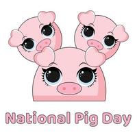 National pig day. Pink swine with a heel and a tail hugs a festive inscription. Cute funny animal. Spring March holiday symbol. Flat vector graphics