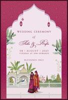 Wedding invitation card design with indian woman in saree. Indian mughal wedding card for printing. vector