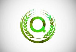 Alphabet Q sign with a wheat wreath. Polygonal low poly organic wheat farming logo concept. Agriculture logo design vector template.