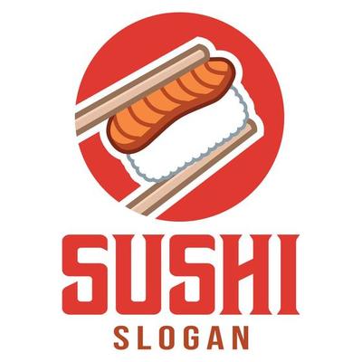 Modern vector flat design simple minimalist cute logo template of sushi sashimi for brand shop, cafe, restaurant, bar, emblem, label, badge. Isolated on white background. Retro circle badge icon.