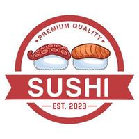 Modern vector flat design simple minimalist cute logo template of sushi sashimi for brand shop, cafe, restaurant, bar, emblem, label, badge. Isolated on white background. Retro circle badge icon.