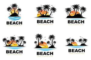 logo de árbol de coco con ambiente de playa, vector de planta de playa, diseño de vista de puesta de sol