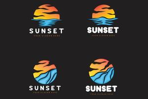 logotipo de puesta de sol, diseño de playa, ilustración de río y sol, vector disfrutando del crepúsculo