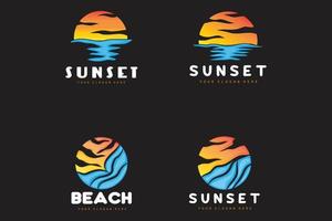 logotipo de puesta de sol, diseño de playa, ilustración de río y sol, vector disfrutando del crepúsculo