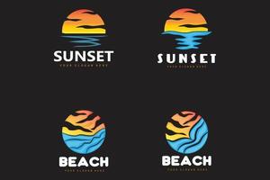 logotipo de puesta de sol, diseño de playa, ilustración de río y sol, vector disfrutando del crepúsculo