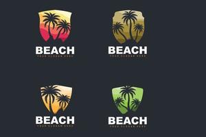 logo de árbol de coco con ambiente de playa, vector de planta de playa, diseño de vista de puesta de sol