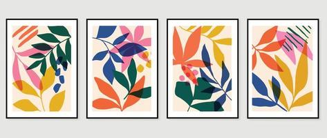 Set of abstract foliage  wall art vector. Leaves, grunge texture, colorful, leaf branches, flower in hand drawn style. Botanical wall decoration collection design for interior, poster, cover, banner. vector