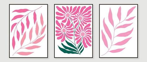 Set of abstract floral wall art vector. Leaves, watercolor texture, pink color, leaf branches in hand drawn style. Botanical wall decoration collection design for interior, poster, cover, banner. vector