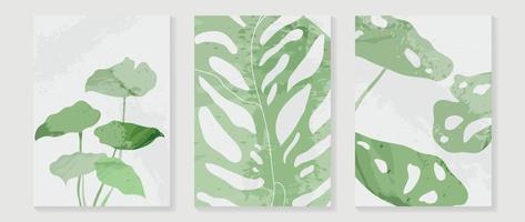 Set of abstract foliage wall art vector. Leaves, watercolor texture, tropical plants, monstera in hand drawn style. Botanical wall decoration collection design for interior, poster, cover, banner. vector