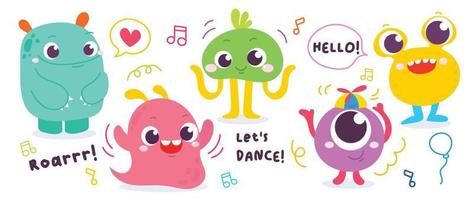 Cute and Kawaii monster kids icon set. Collection of cute cartoon monster in different playful characters. Funny devil, alien, demon and creature flat vector design for comic, education, presentation.