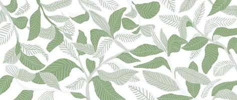 Tropical leaves background vector. Abstract botanical greenery hand drawn foliage in minimalist and line art contour simple style. Design for fabric, print, cover, banner, decoration, wallpaper. vector