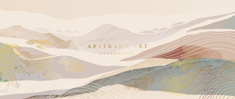 Luxury abstract line art background vector. Wallpaper design with gold ocean wave line art pattern, mountain watercolor texture. Design illustration for decoration, wall decor, card, poster, banner.