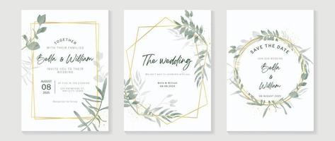 Luxury wedding invitation card background vector. Golden geometric frame with watercolor botanical leaf branch and golden ink splatter texture. Design illustration for wedding and vip cover template. vector