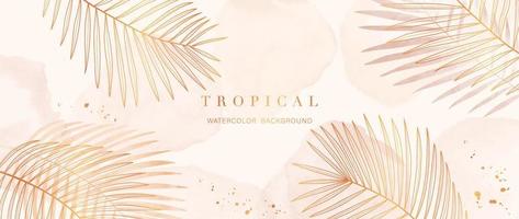 Tropical foliage watercolor background vector. Summer botanical design with gold line art, palm leaf, orange watercolor texture. Luxury tropical illustration for banner, poster, web and wallpaper. vector