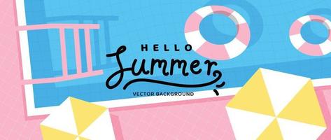 Summer geometric background vector. Colorful abstract wallpaper with simple shapes, pool, swim rings, beach umbrella. Happy summertime symbol illustration design for poster, cover, banner, web page. vector
