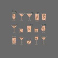 Alcohol drinks and cocktails icon set in flat line style on gray background. vector