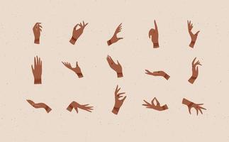 Hands with bracelets and rings in ethnical style in different positions to express feelings and emotions drawing on beige background vector