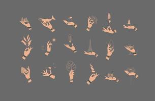 Hands labels with bracelets, rings holding decorative symbols in minimalist style drawing on gray background vector