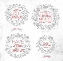 Christmas decorative symbols for winter holidays in flat style, drawing with grey and red lines on dirty paper vector