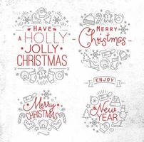 Christmas decorative elements for winter holidays in flat style, drawing with grey and red lines on dirty paper vector