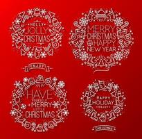 Decorative elements on Christmas theme for winter holidays in flat style, drawing with grey lines on red background vector