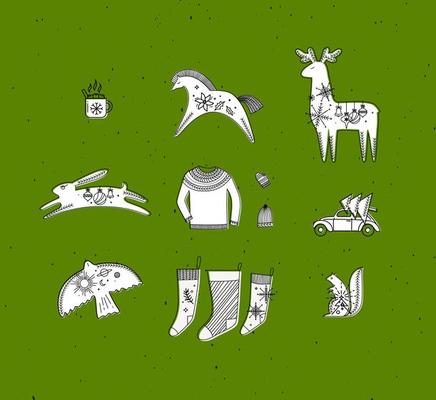 Merry christmas symbols cup, horse, deer, rabbit, hat, glove, pullover, car, tree, bird, squirrel, socks drawing in graphic style on green background