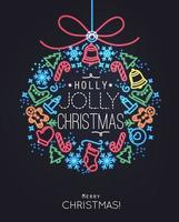 Flat Christmas tree toy in neon style lettering holly jolly Christmas drawing with thin color lines on black background vector