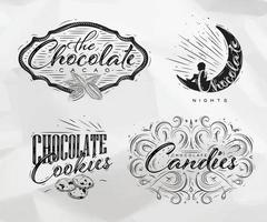 Set chocolate labels in vintage style lettering the chocolate cacao, choco night, cookies, candies drawing on crumpled paper background vector