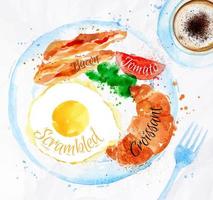 Breakfast painted with watercolors on a plate eggs bacon lettuce tomato a cup of coffee with a fork vector