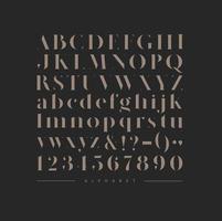 Poster stylish alphabet. Uppercase, lowercase letters and numbers drawing on dark color background. vector