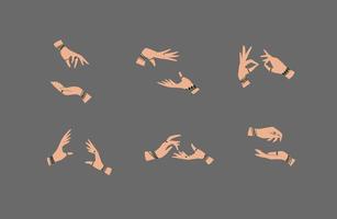 Hands pair with bracelets and rings in ethnical style in different positions to express emotions drawing on gray background vector