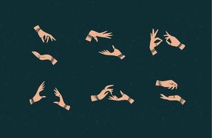 Hands pair with bracelets and rings in ethnical style in different positions to express emotions drawing on dark background vector