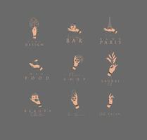 mano etiquetas con esposas, anillos participación decorativo elementos con letras en minimalista estilo dibujo en gris antecedentes. vector