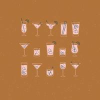 Alcohol drinks and cocktails icon set in flat line style on mustard background. vector